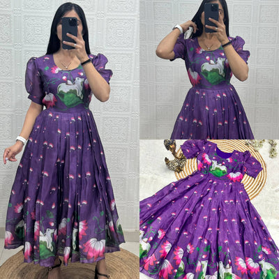 Soft Kota fabric with Print Work and stylish Pattern Maxi Gown