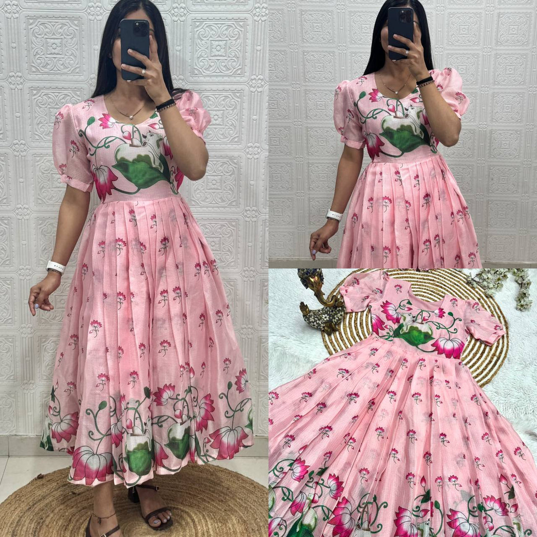 Soft Kota fabric with Print Work and stylish Pattern Maxi Gown
