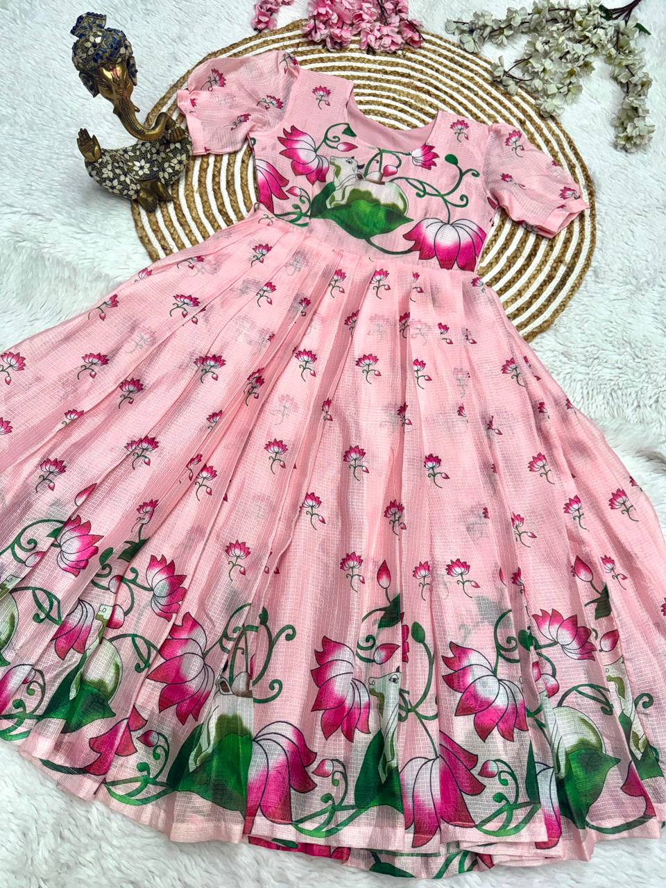 Soft Kota fabric with Print Work and stylish Pattern Maxi Gown