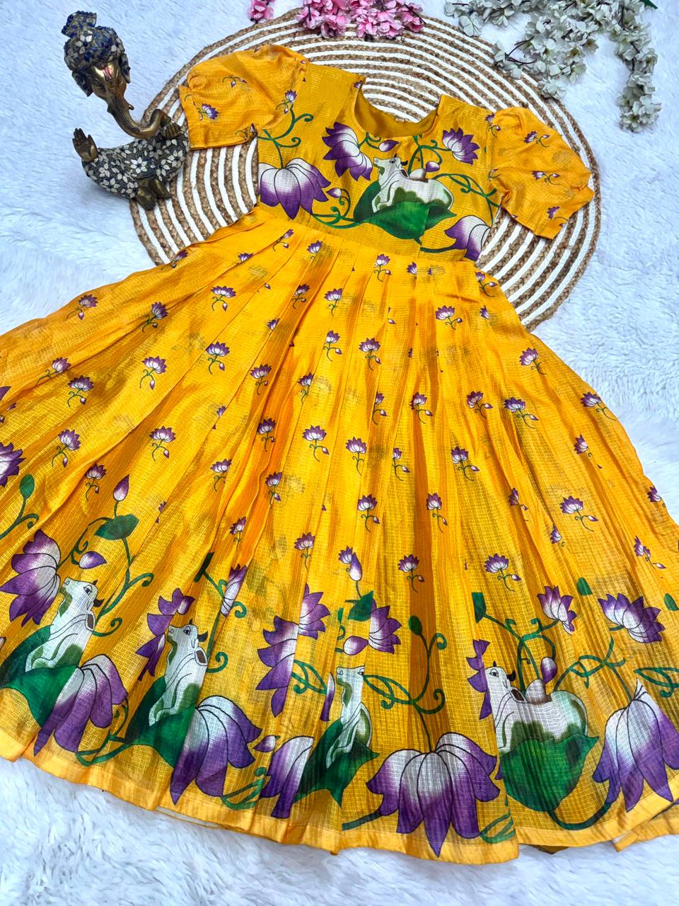Soft Kota fabric with Print Work and stylish Pattern Maxi Gown