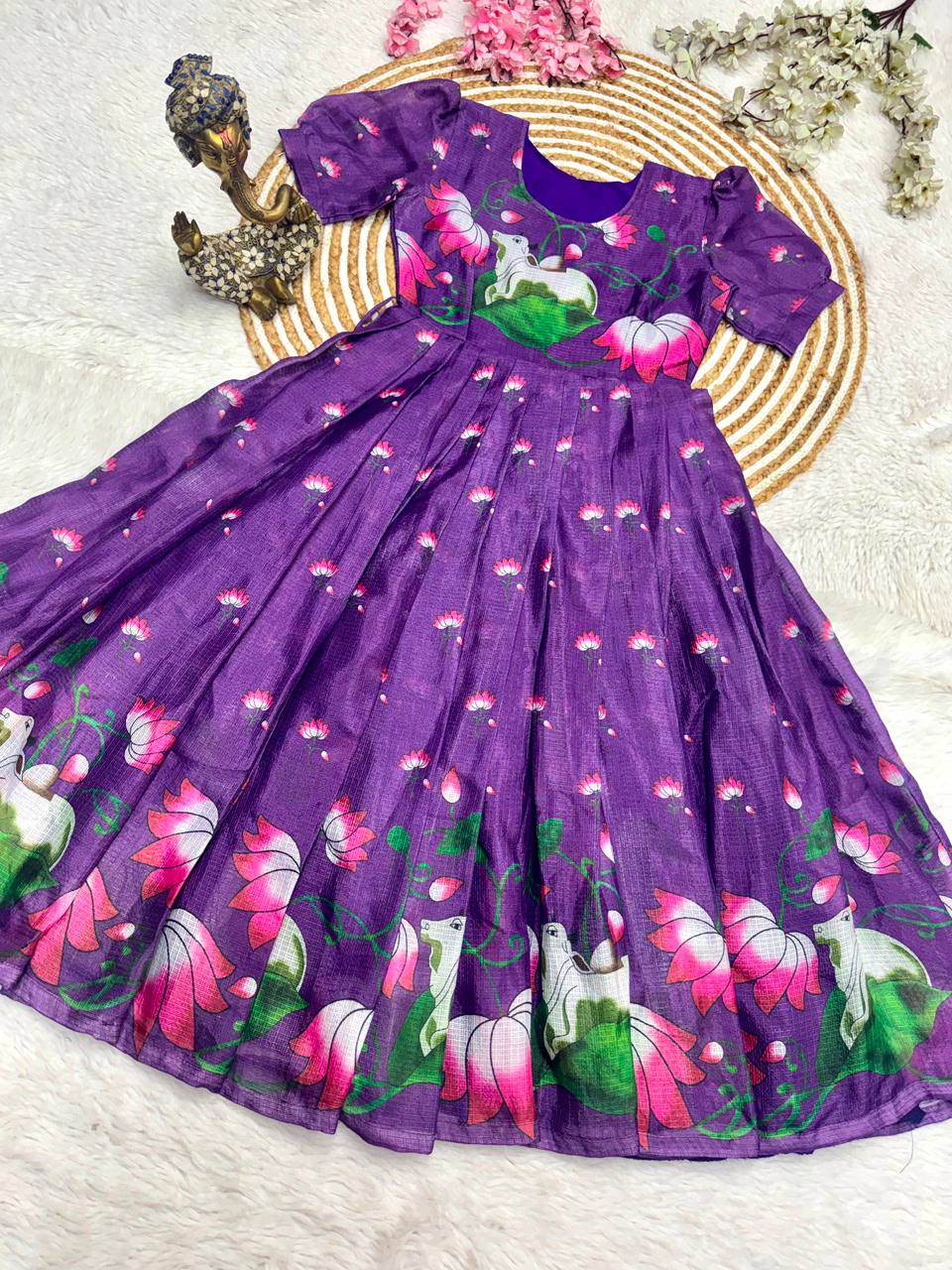 Soft Kota fabric with Print Work and stylish Pattern Maxi Gown