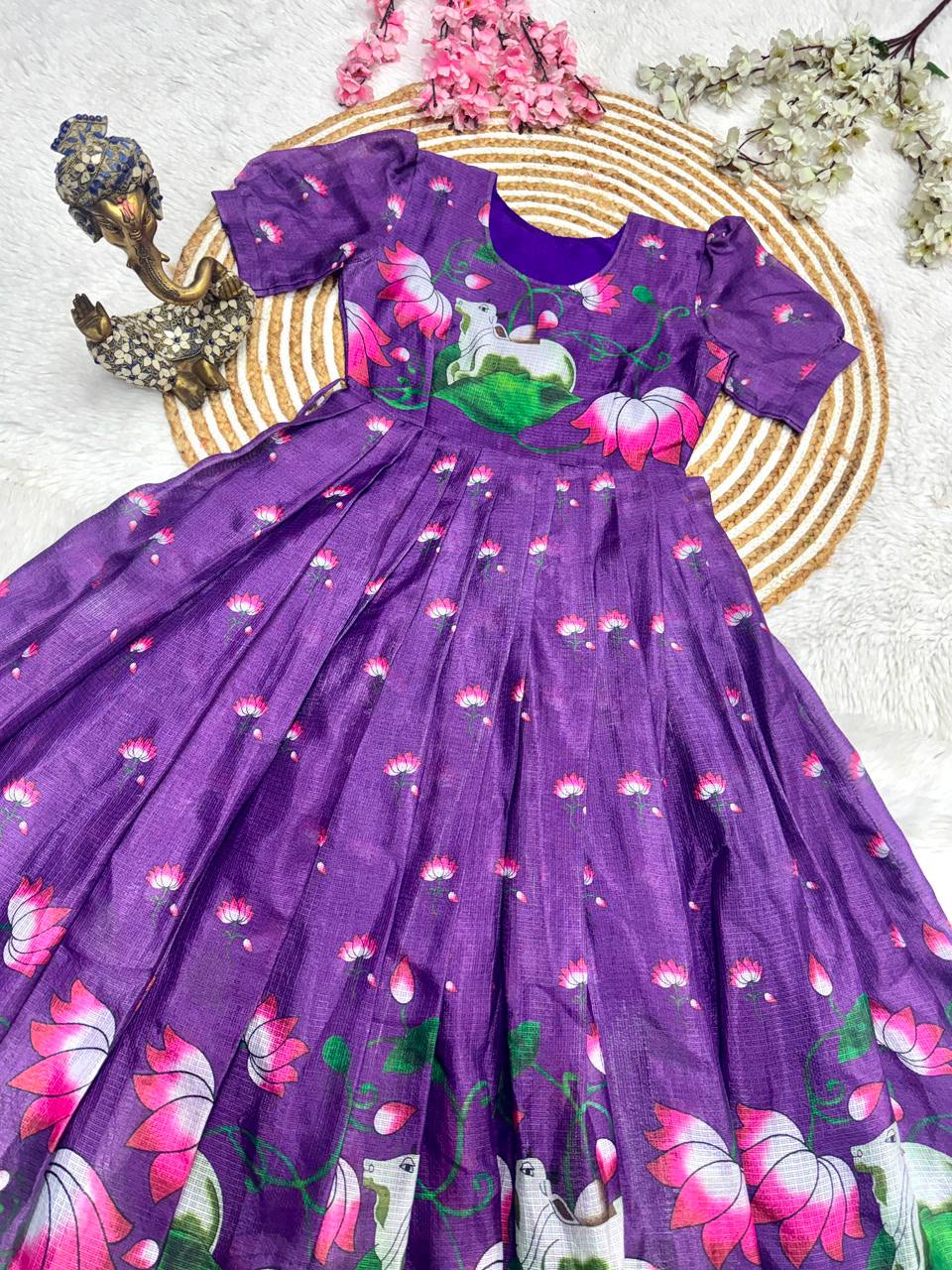 Soft Kota fabric with Print Work and stylish Pattern Maxi Gown