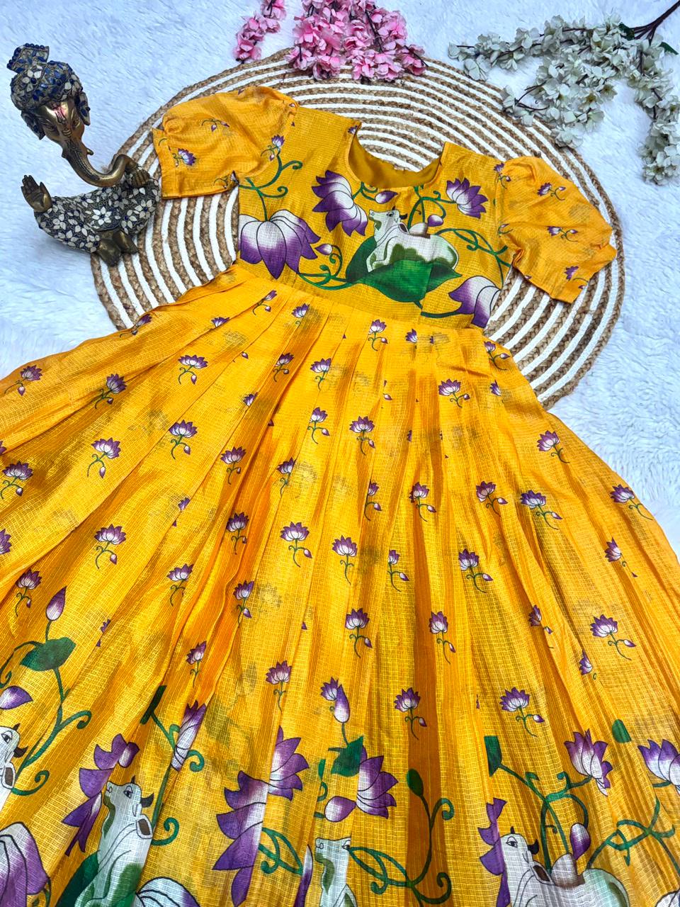 Soft Kota fabric with Print Work and stylish Pattern Maxi Gown