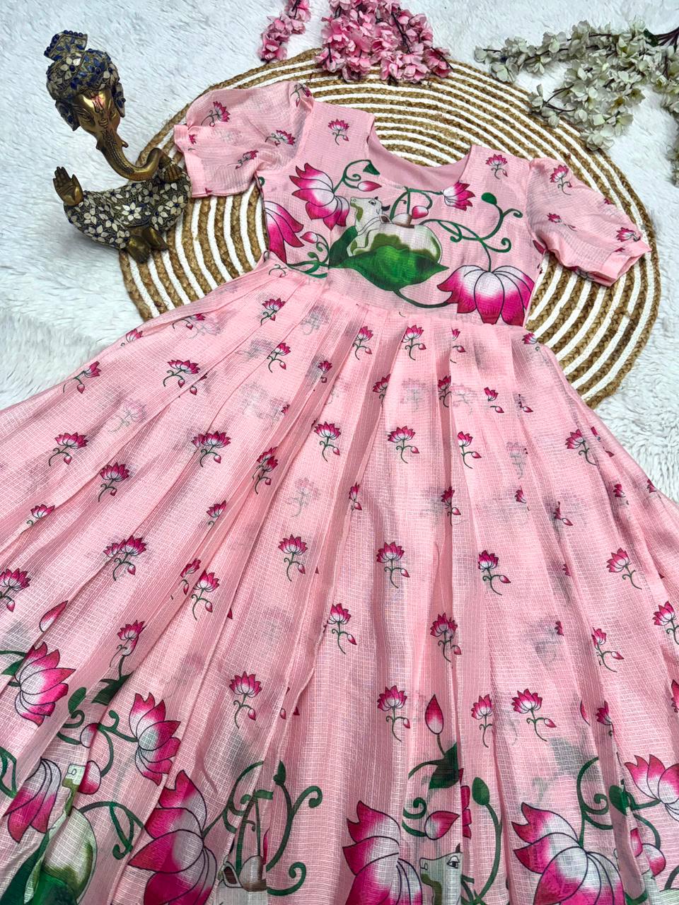 Soft Kota fabric with Print Work and stylish Pattern Maxi Gown