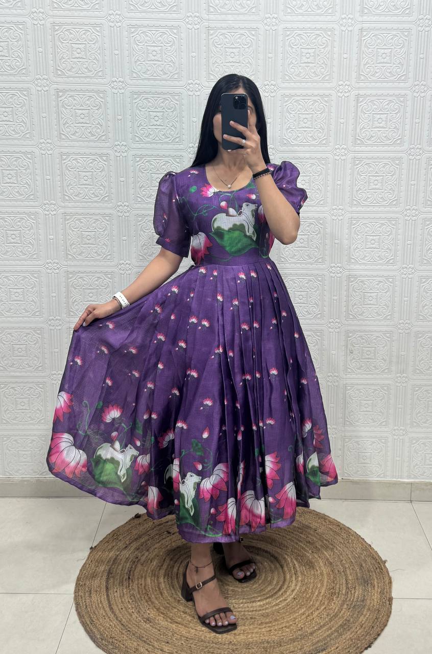 Soft Kota fabric with Print Work and stylish Pattern Maxi Gown