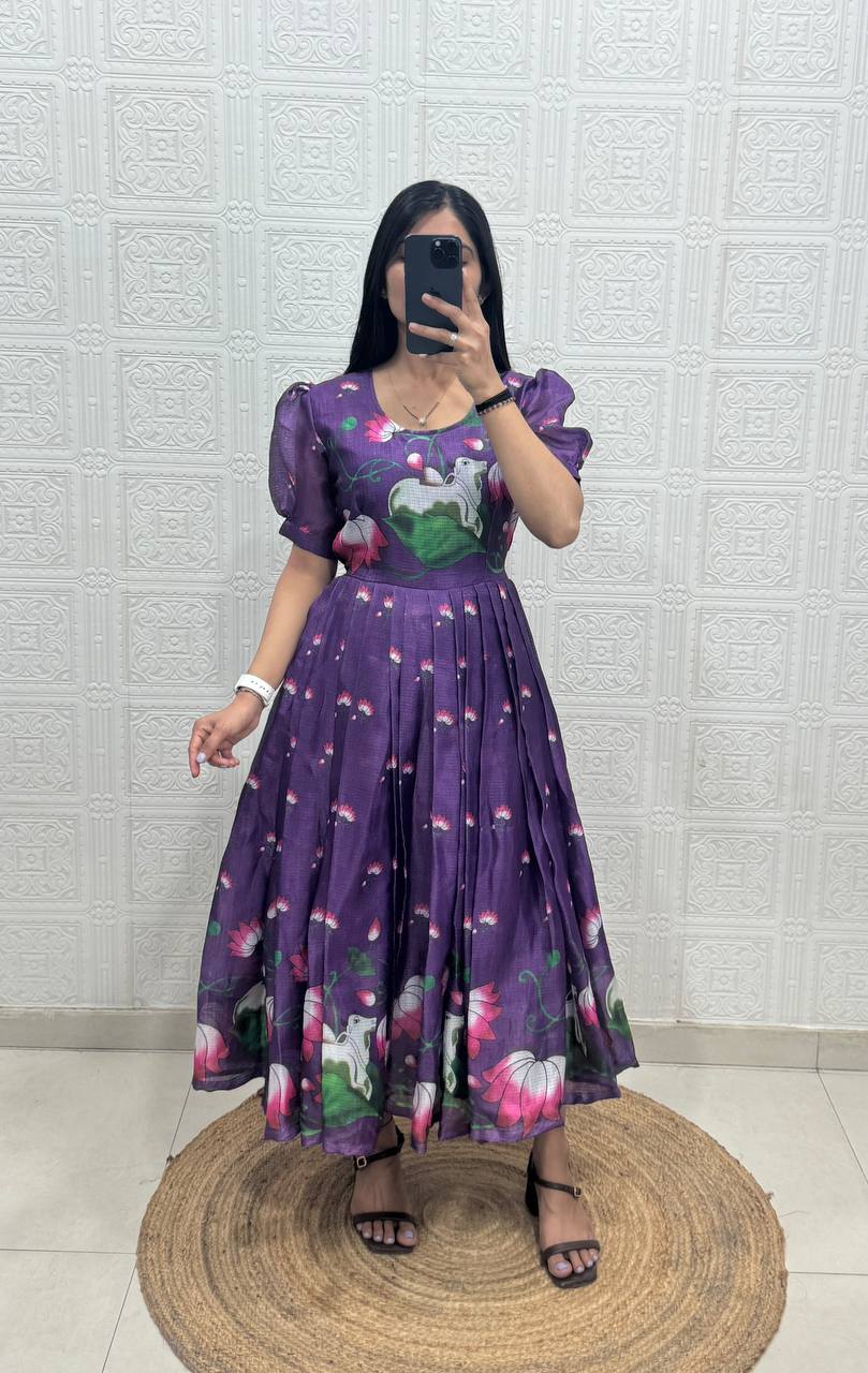 Soft Kota fabric with Print Work and stylish Pattern Maxi Gown