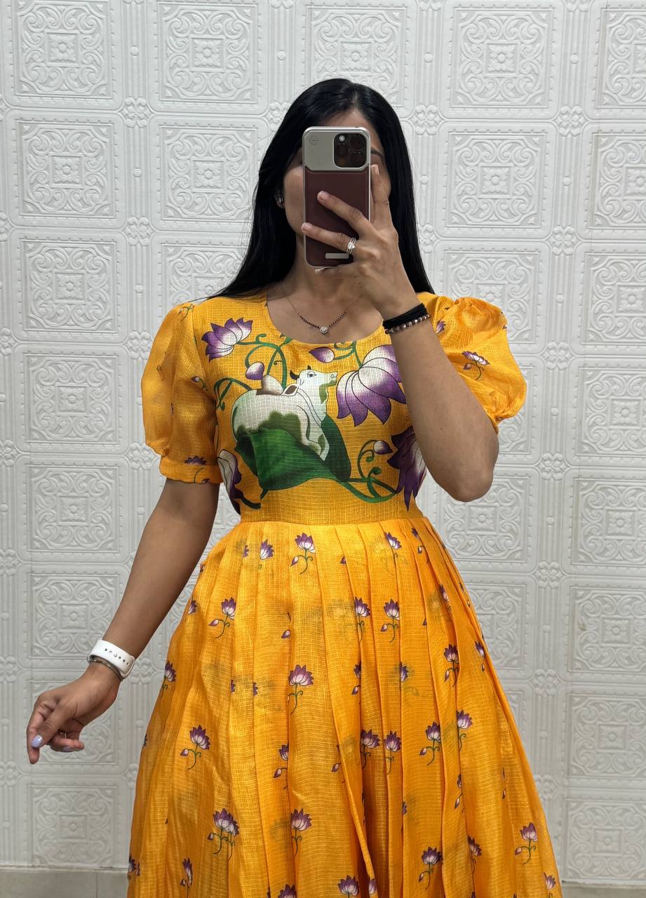 Soft Kota fabric with Print Work and stylish Pattern Maxi Gown