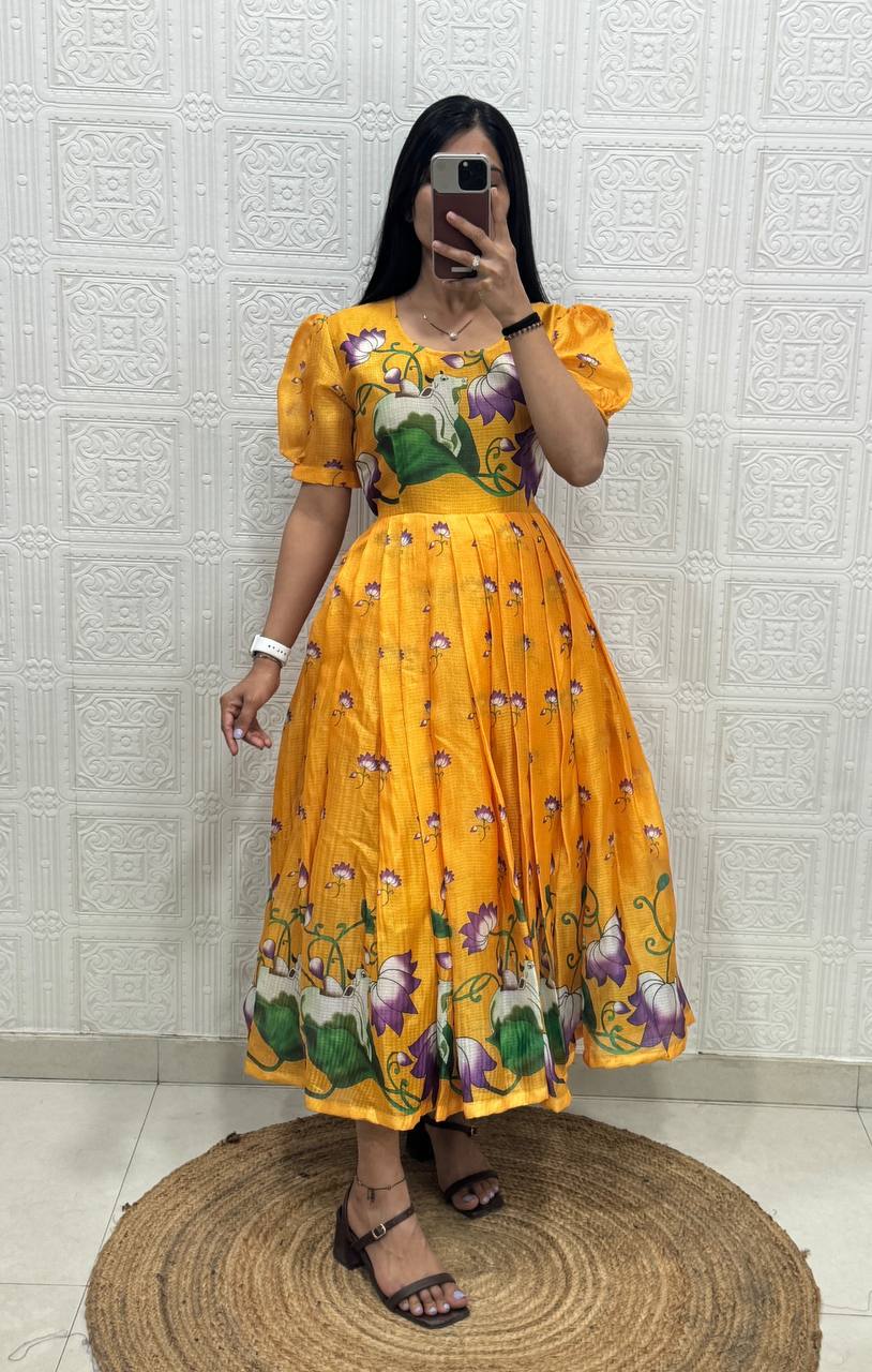 Soft Kota fabric with Print Work and stylish Pattern Maxi Gown