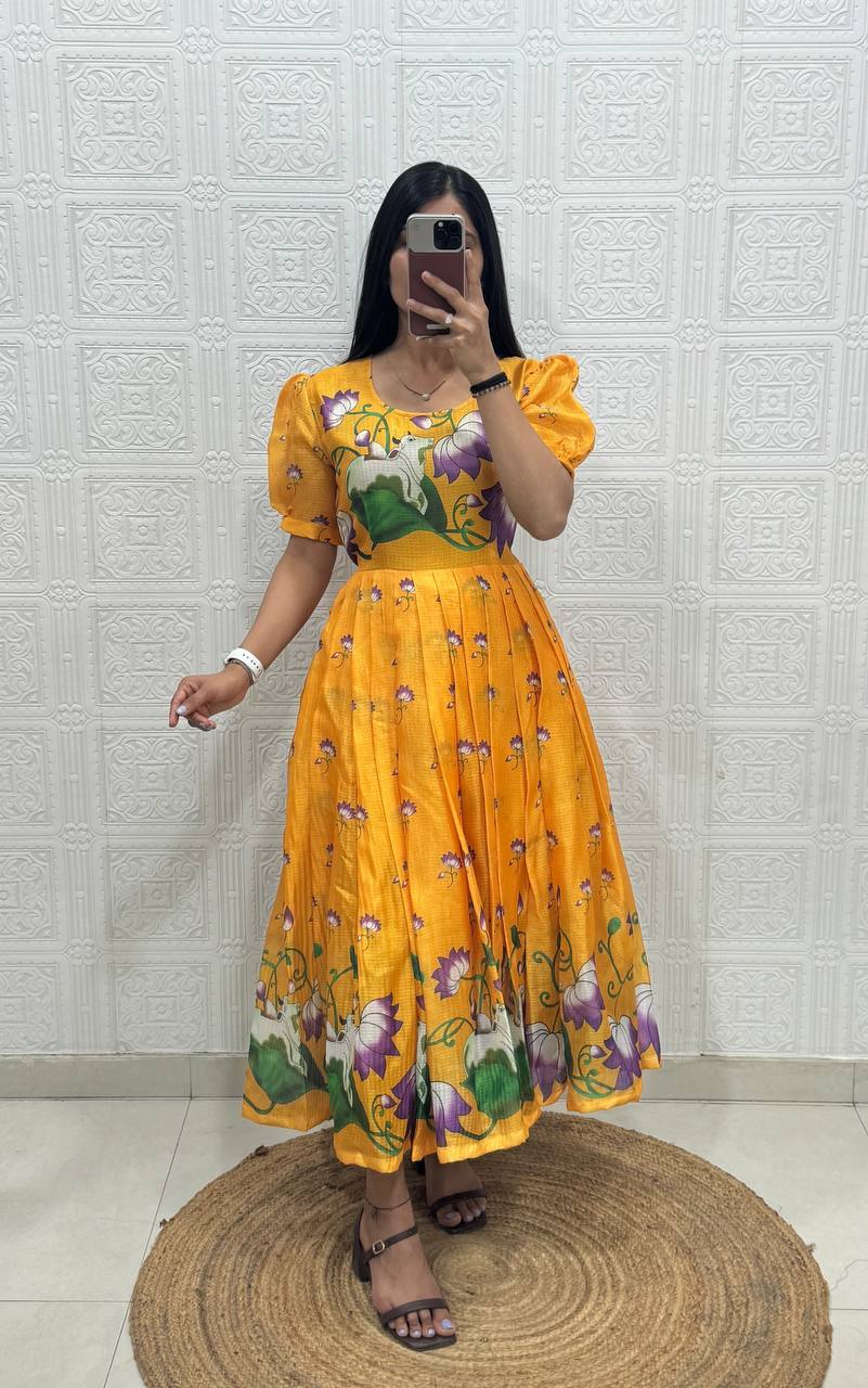 Soft Kota fabric with Print Work and stylish Pattern Maxi Gown