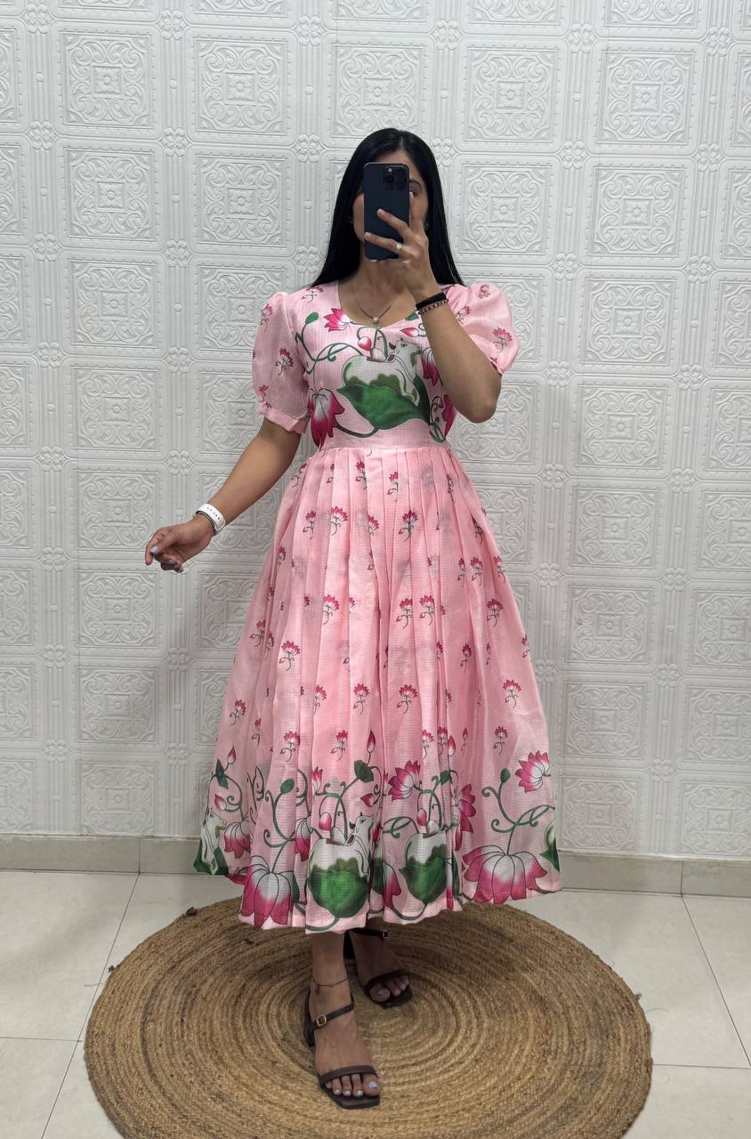 Soft Kota fabric with Print Work and stylish Pattern Maxi Gown