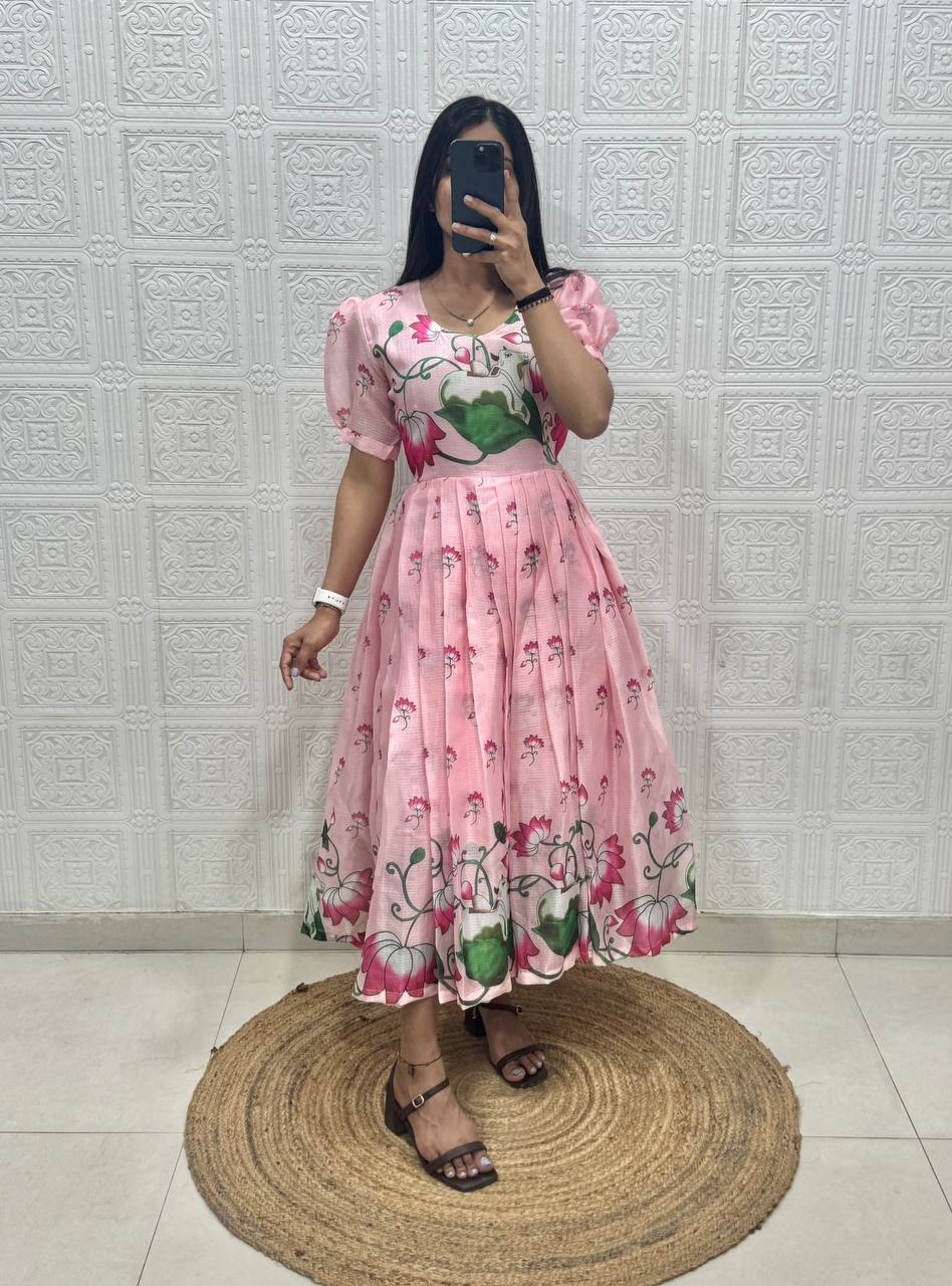 Soft Kota fabric with Print Work and stylish Pattern Maxi Gown
