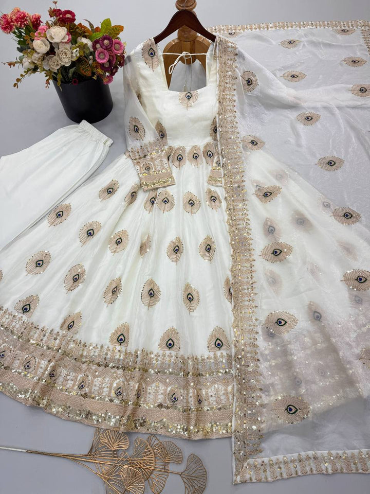 Fendy Silk Flared Gown Set with Sequence Embroidered Dupatta & Micro Cotton Pant