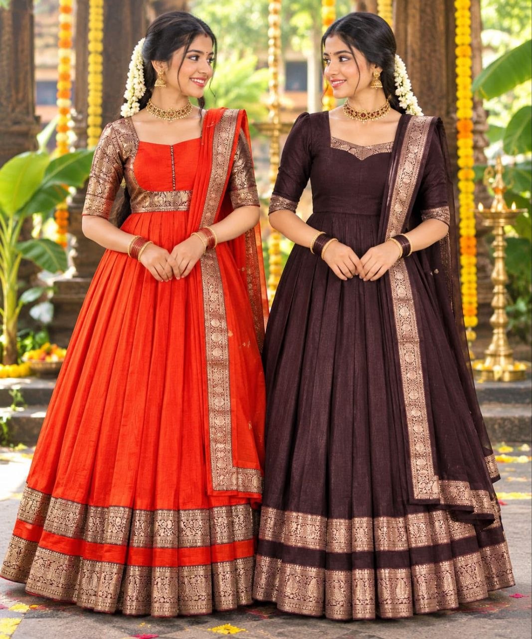 Vichitra Silk Pleated Half Saree Gown with Zari Border and Matching Voni