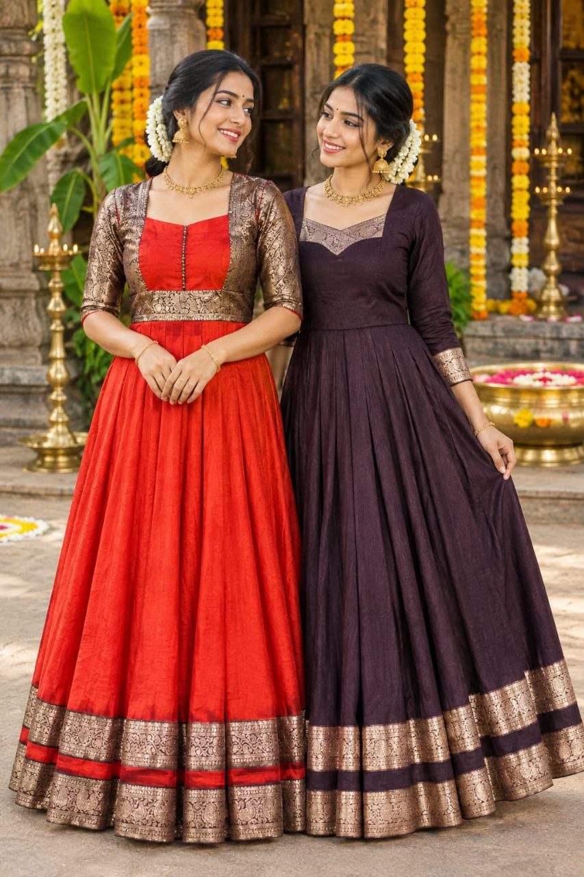 Vichitra Silk Pleated Half Saree Gown with Zari Border and Matching Voni