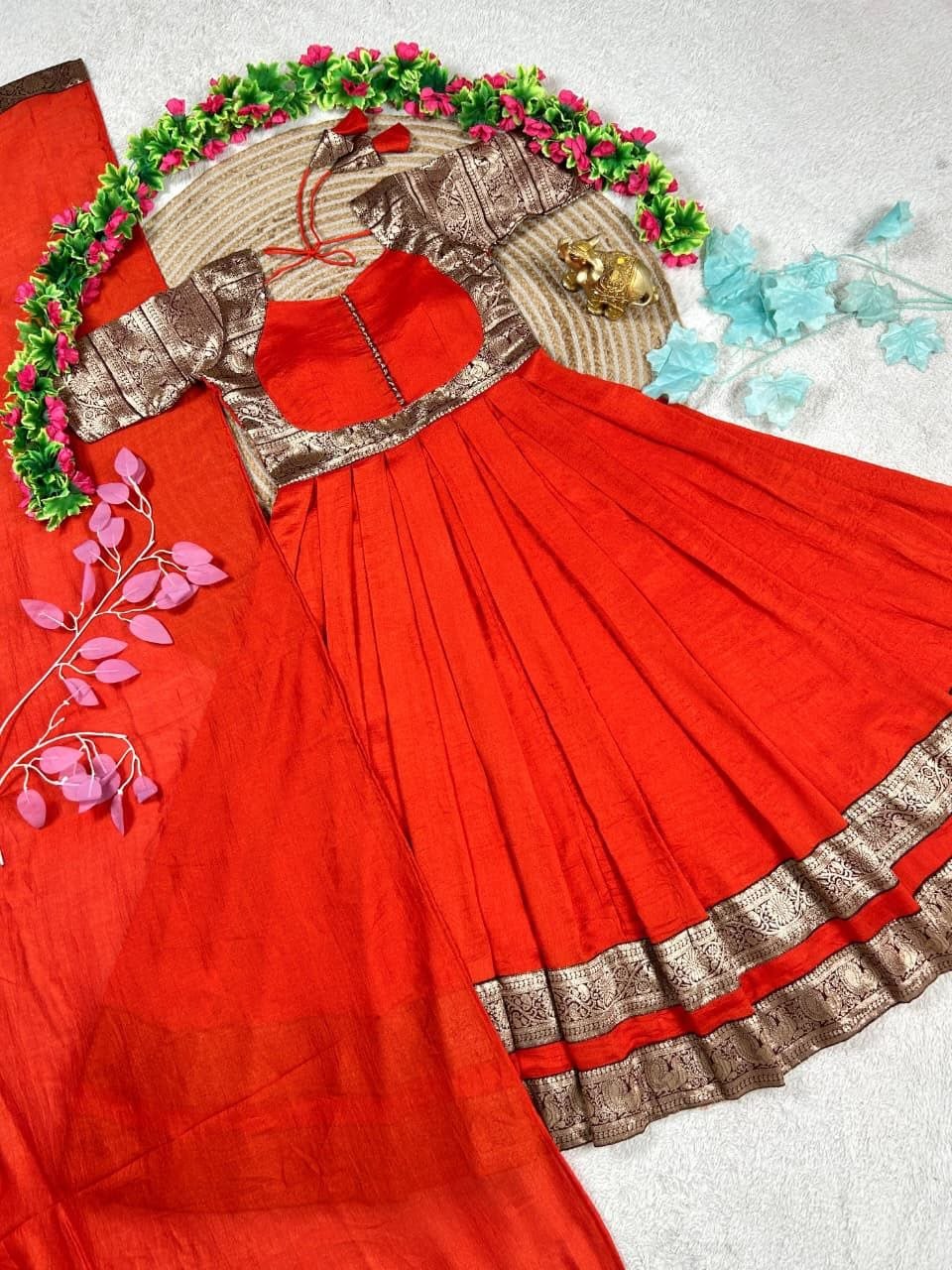 Vichitra Silk Pleated Half Saree Gown with Zari Border and Matching Voni