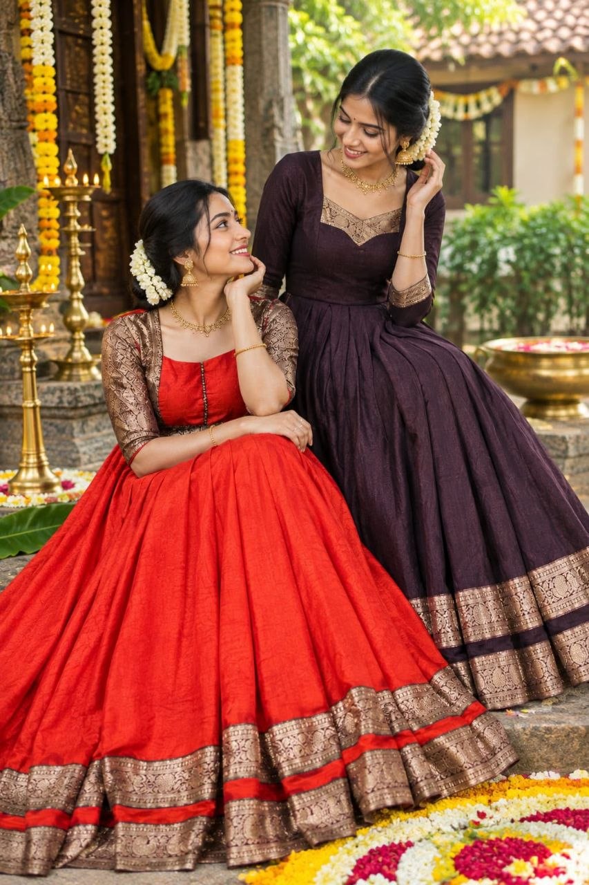 Vichitra Silk Pleated Half Saree Gown with Zari Border and Matching Voni