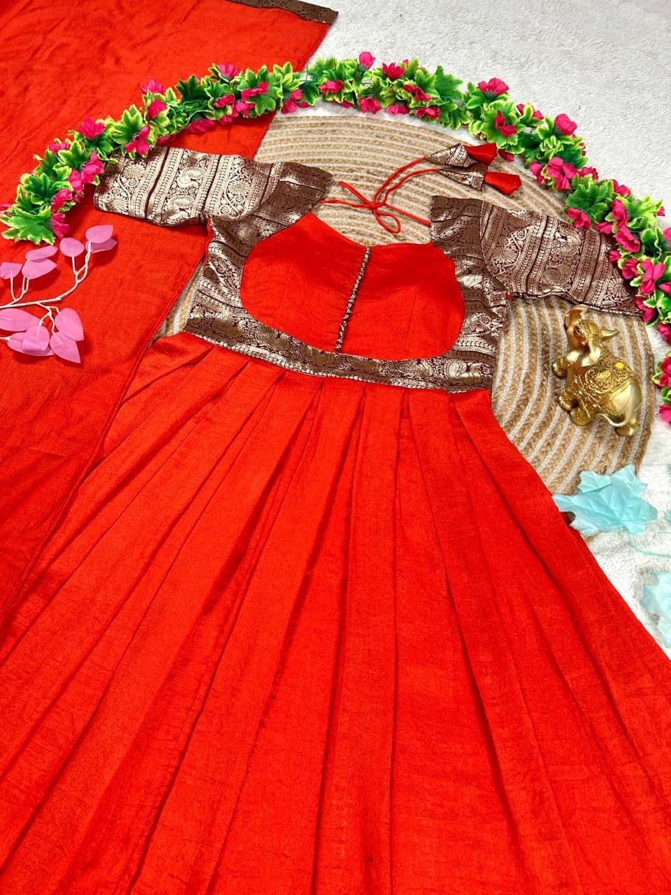 Vichitra Silk Pleated Half Saree Gown with Zari Border and Matching Voni