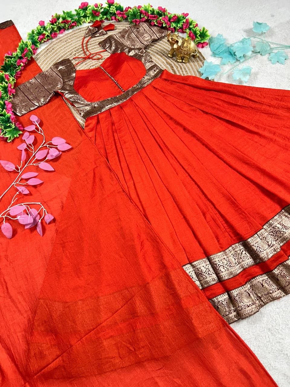 Vichitra Silk Pleated Half Saree Gown with Zari Border and Matching Voni