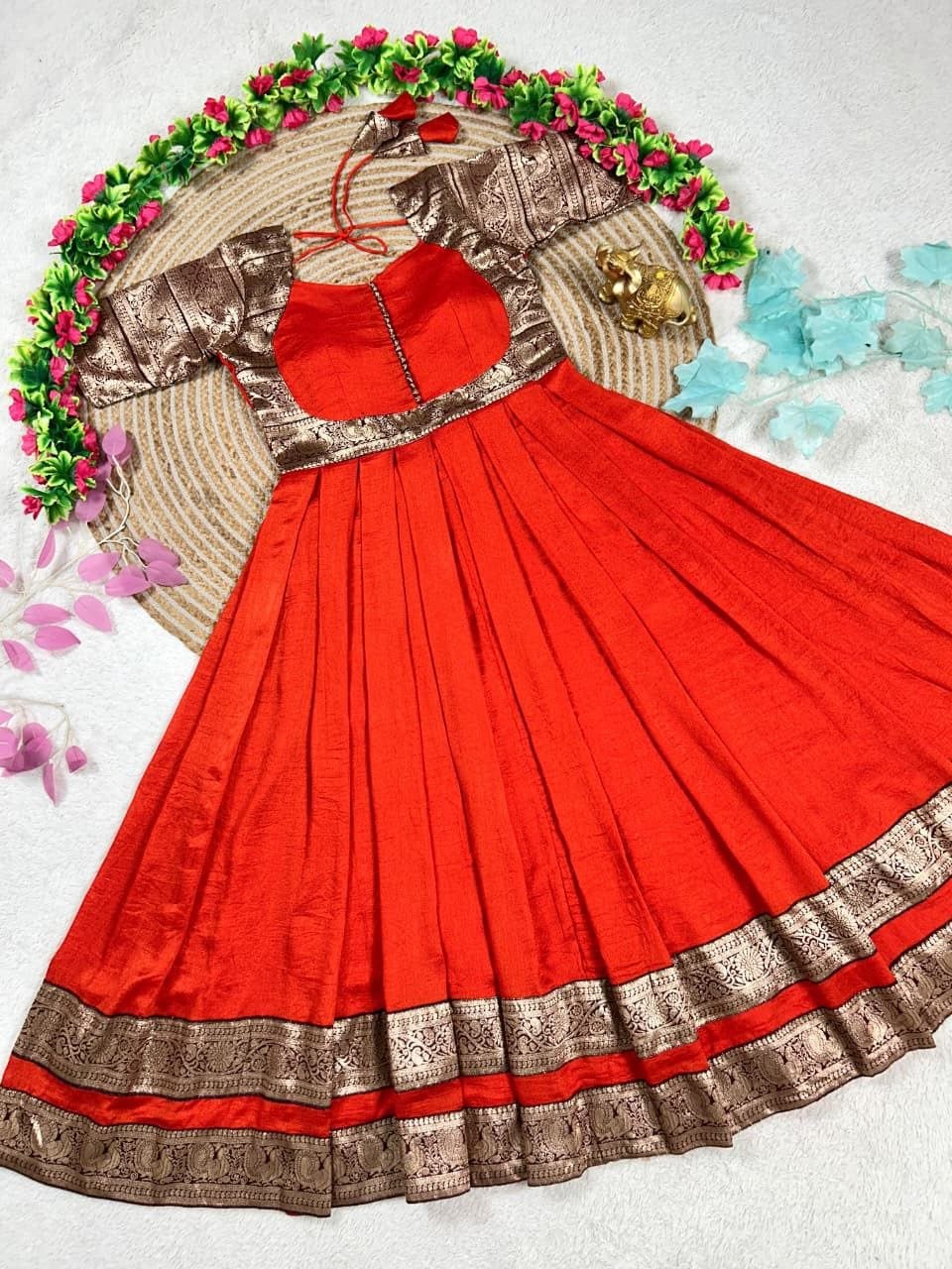 Vichitra Silk Pleated Half Saree Gown with Zari Border and Matching Voni