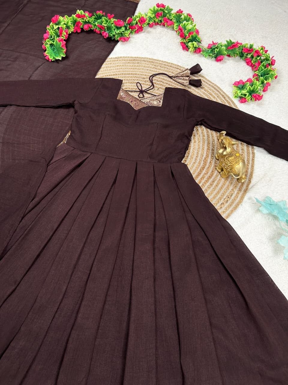 Vichitra Silk Pleated Half Saree Gown with Zari Border and Matching Voni