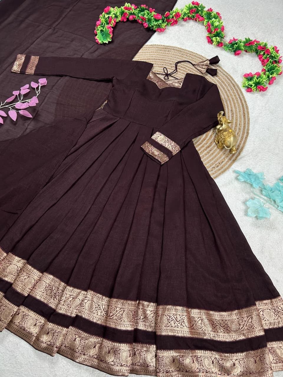 Vichitra Silk Pleated Half Saree Gown with Zari Border and Matching Voni