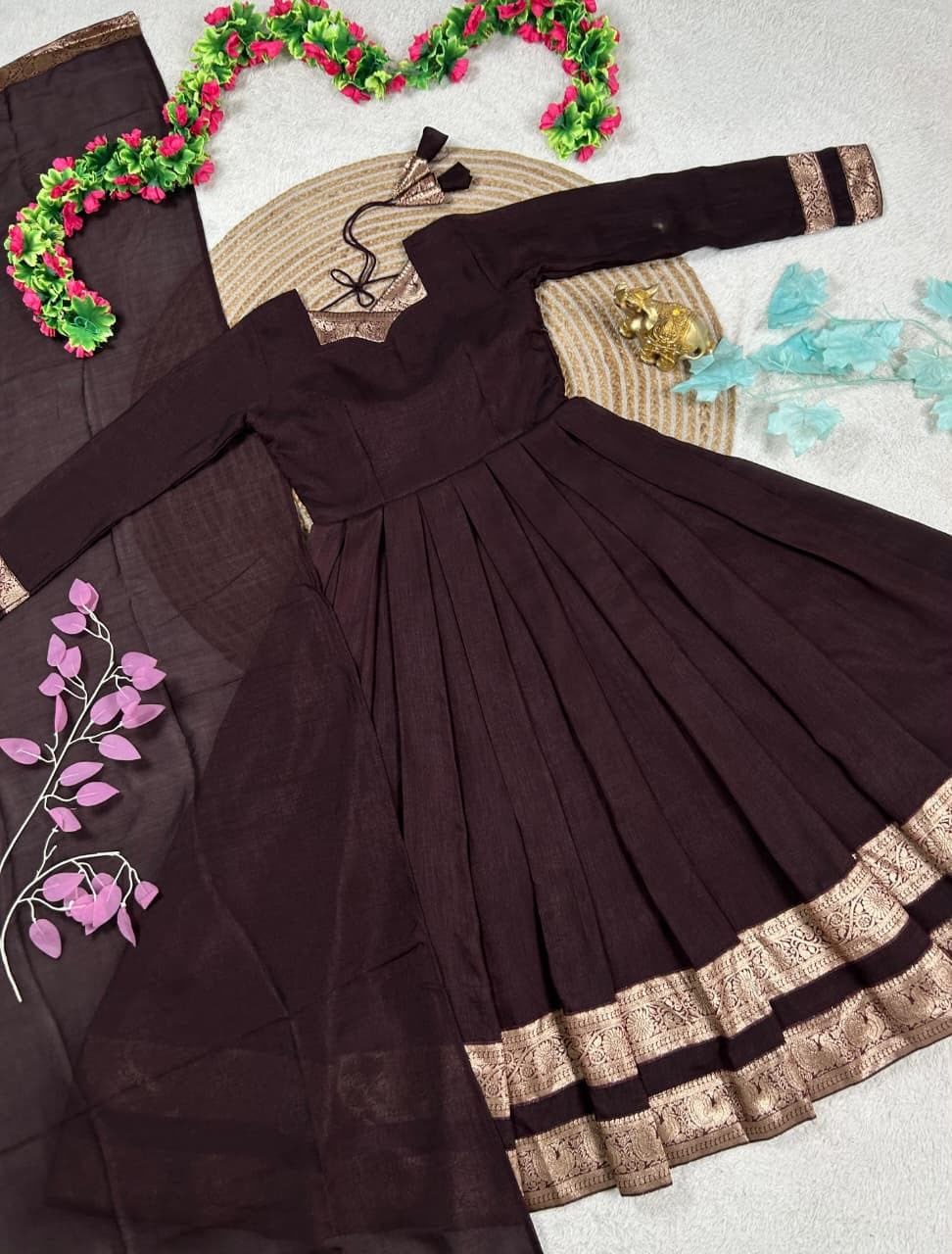 Vichitra Silk Pleated Half Saree Gown with Zari Border and Matching Voni