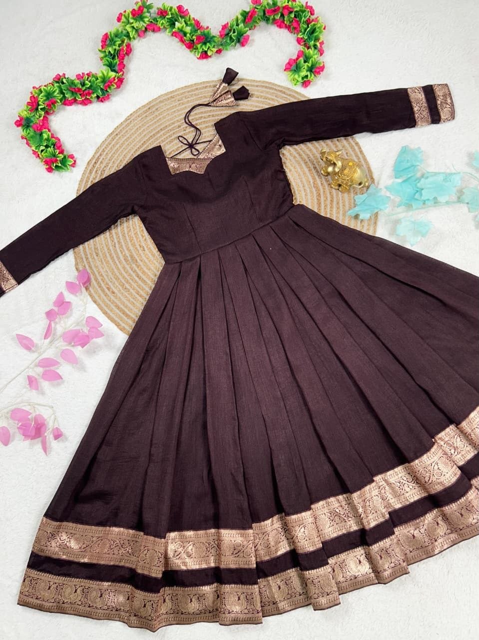 Vichitra Silk Pleated Half Saree Gown with Zari Border and Matching Voni