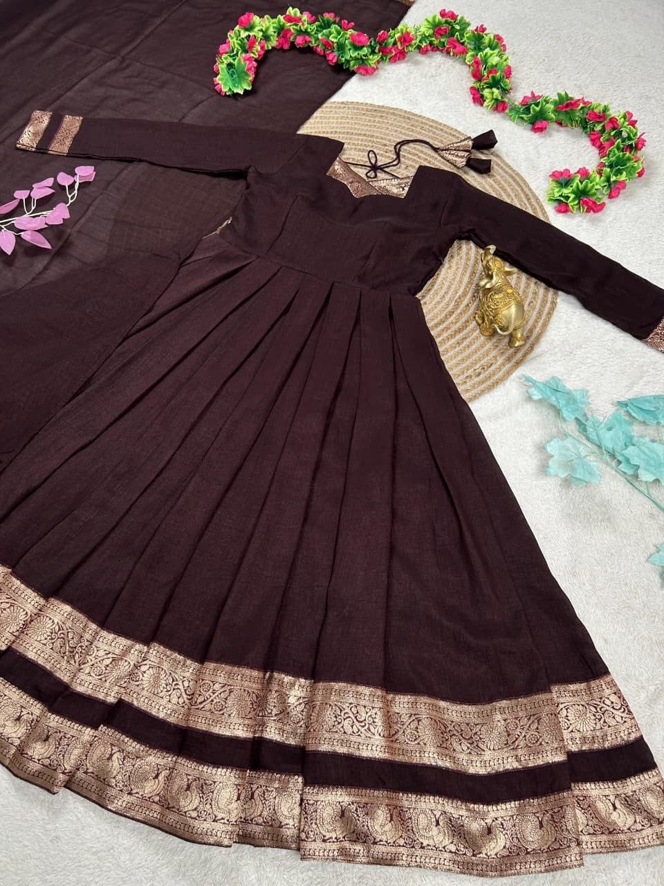 Vichitra Silk Pleated Half Saree Gown with Zari Border and Matching Voni