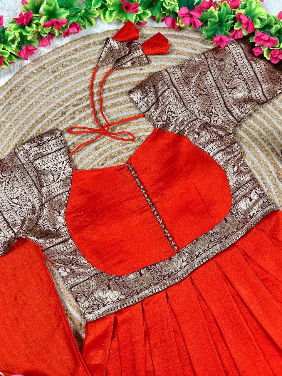 Vichitra Silk Pleated Half Saree Gown with Zari Border and Matching Voni