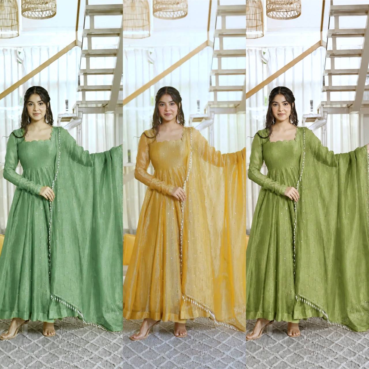 Designer Salsa Silk Foil Work Gown Set with Stitched Pant and Dupatta