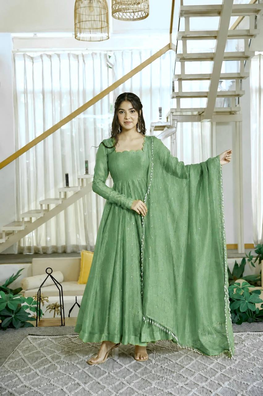 Designer Salsa Silk Foil Work Gown Set with Stitched Pant and Dupatta