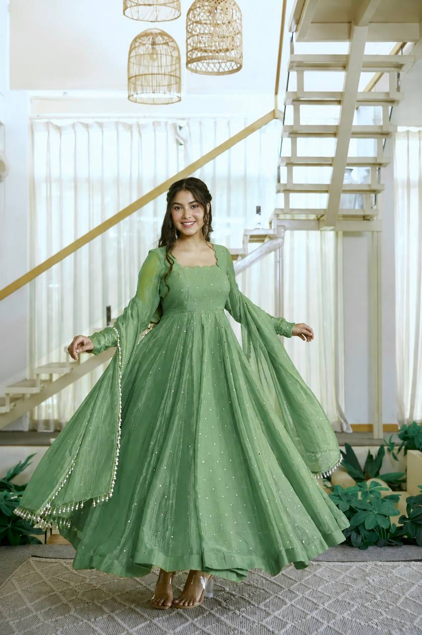 Designer Salsa Silk Foil Work Gown Set with Stitched Pant and Dupatta