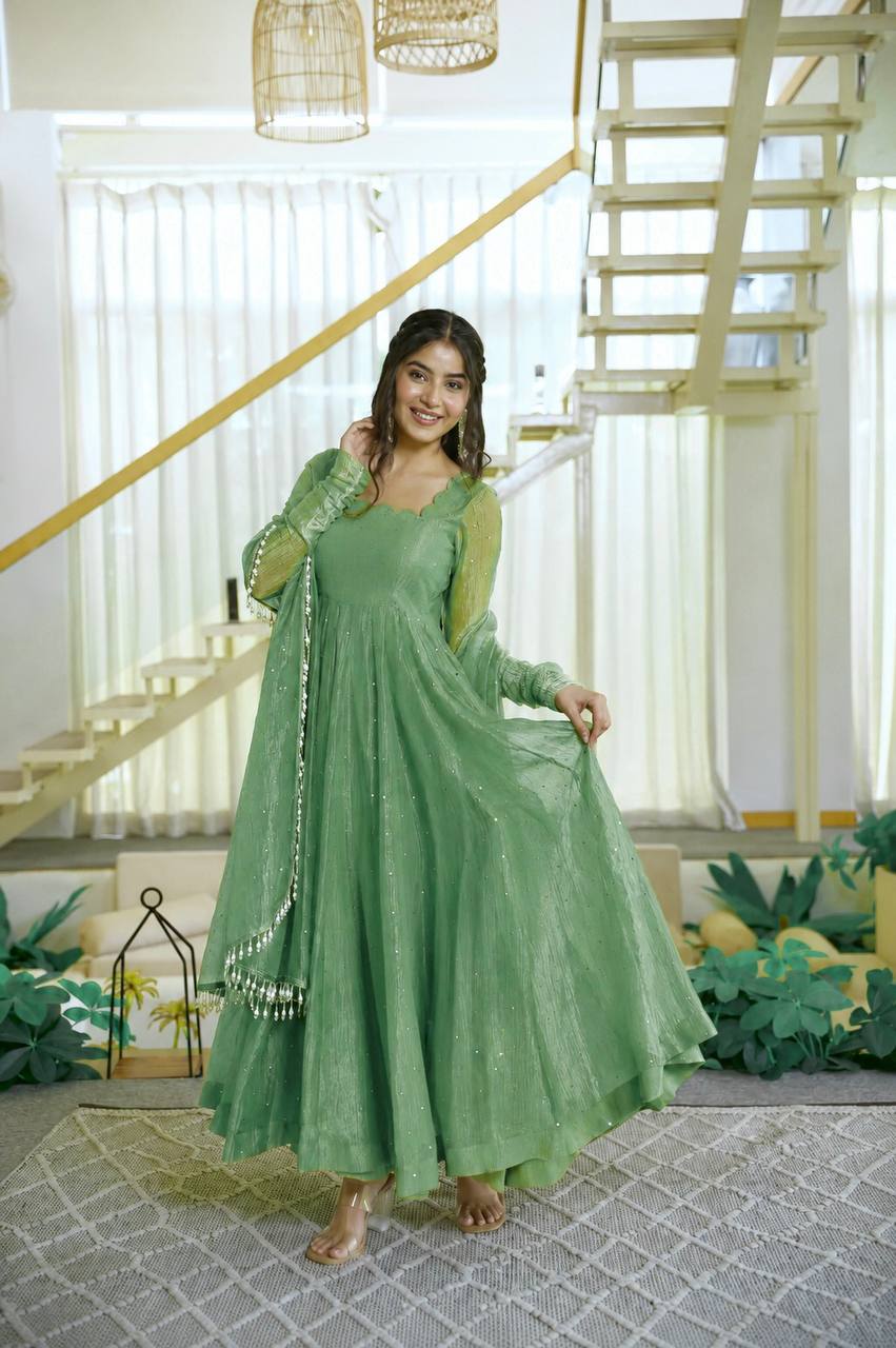 Designer Salsa Silk Foil Work Gown Set with Stitched Pant and Dupatta