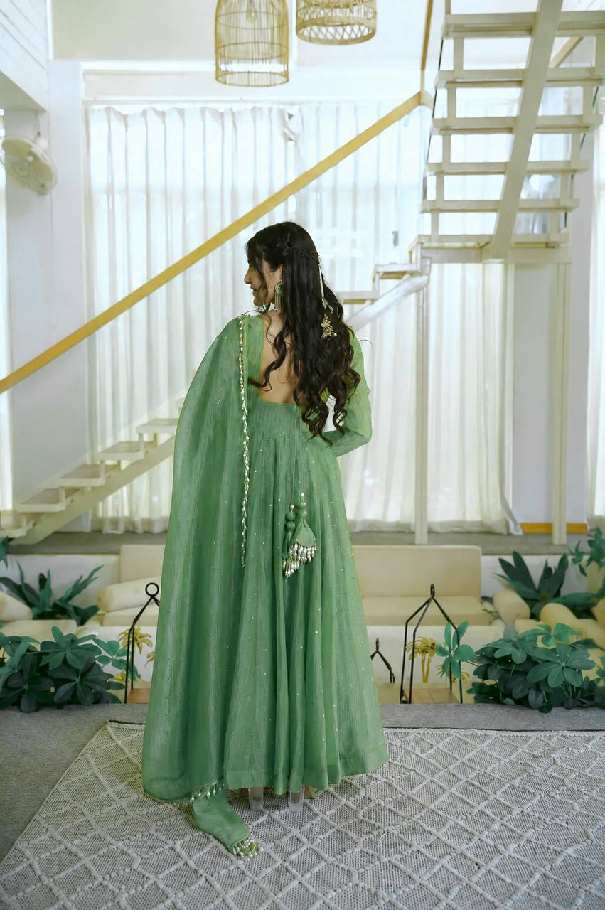 Designer Salsa Silk Foil Work Gown Set with Stitched Pant and Dupatta