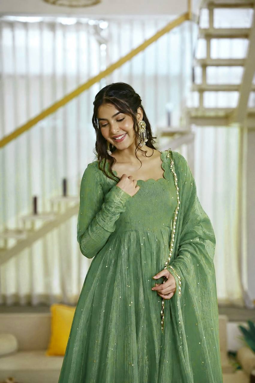 Designer Salsa Silk Foil Work Gown Set with Stitched Pant and Dupatta