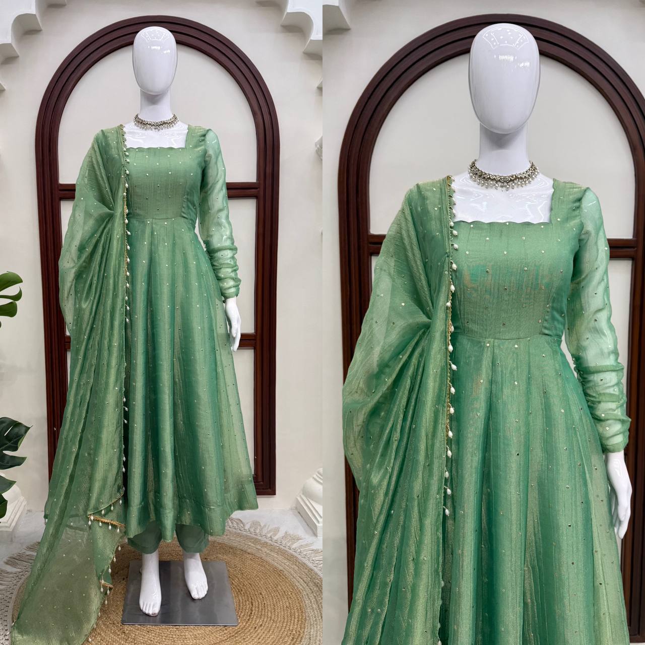 Designer Salsa Silk Foil Work Gown Set with Stitched Pant and Dupatta