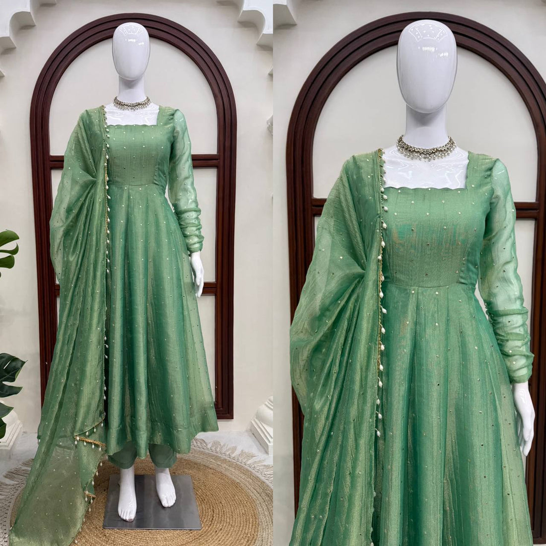 Designer Salsa Silk Foil Work Gown Set with Stitched Pant and Dupatta