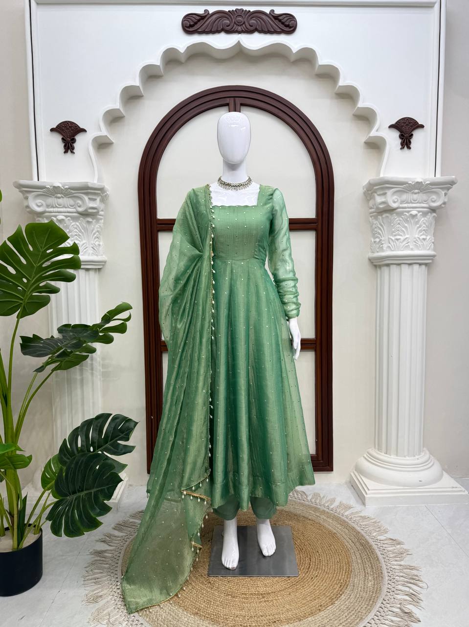 Designer Salsa Silk Foil Work Gown Set with Stitched Pant and Dupatta