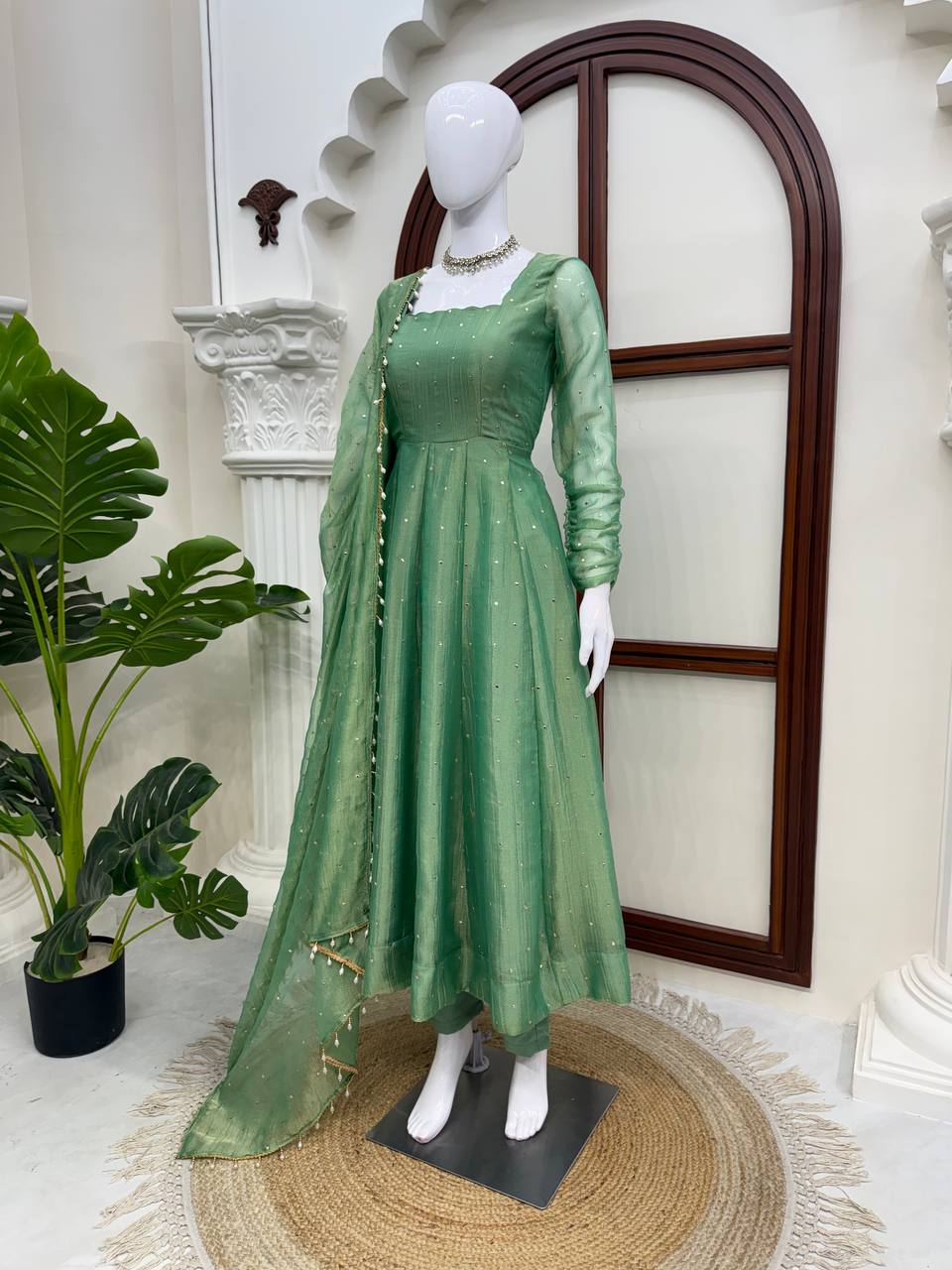 Designer Salsa Silk Foil Work Gown Set with Stitched Pant and Dupatta