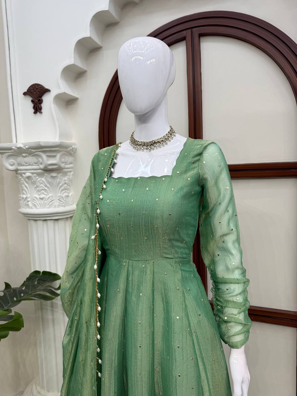 Designer Salsa Silk Foil Work Gown Set with Stitched Pant and Dupatta