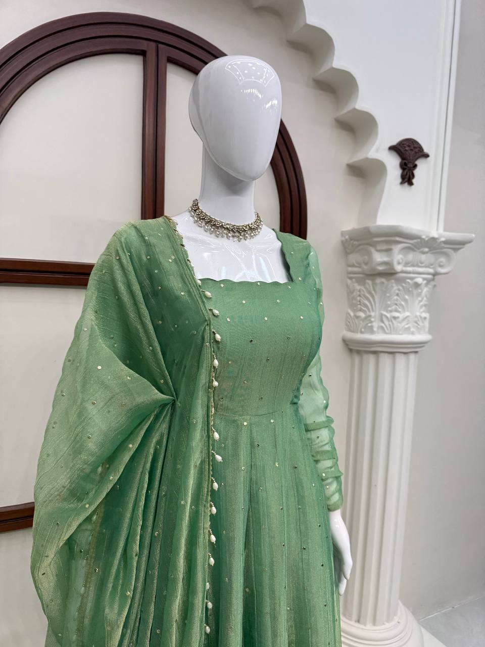 Designer Salsa Silk Foil Work Gown Set with Stitched Pant and Dupatta