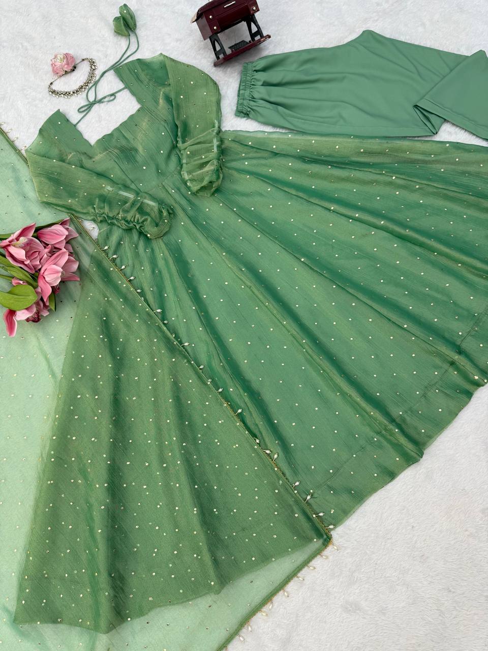 Designer Salsa Silk Foil Work Gown Set with Stitched Pant and Dupatta