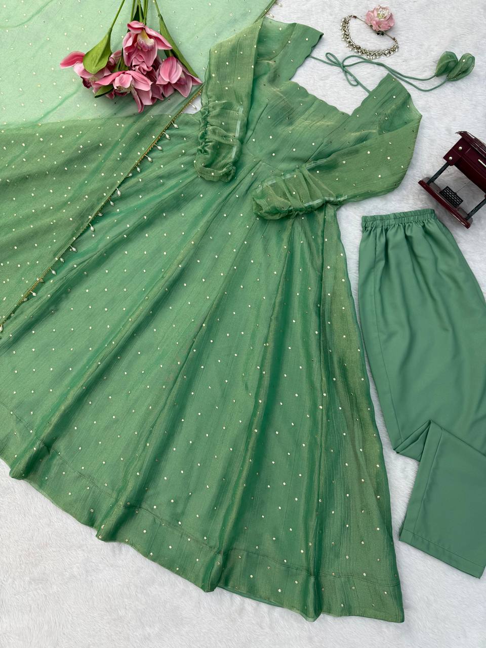 Designer Salsa Silk Foil Work Gown Set with Stitched Pant and Dupatta