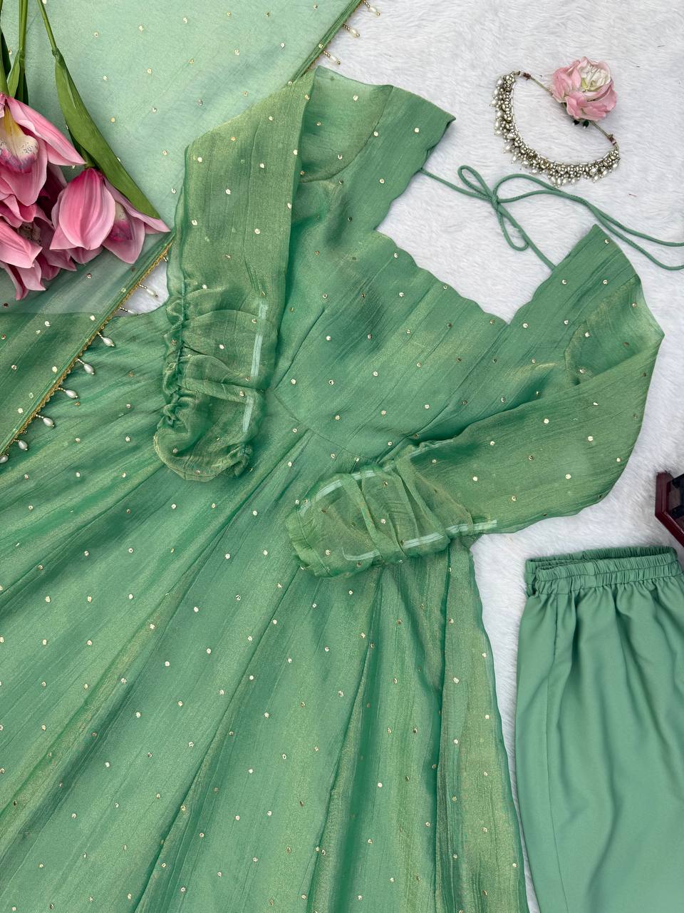 Designer Salsa Silk Foil Work Gown Set with Stitched Pant and Dupatta