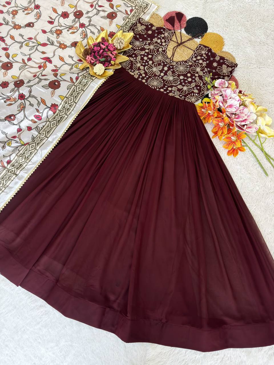 Soft Georgette Silk Maggam Work Gown Set with Kalamkari Print Chinon Dupatta