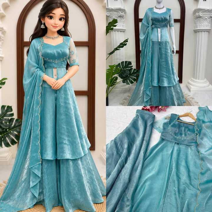 Fendy Crush Hand Work Anarkali Suit Set with Plazo and Cutwork Dupatta