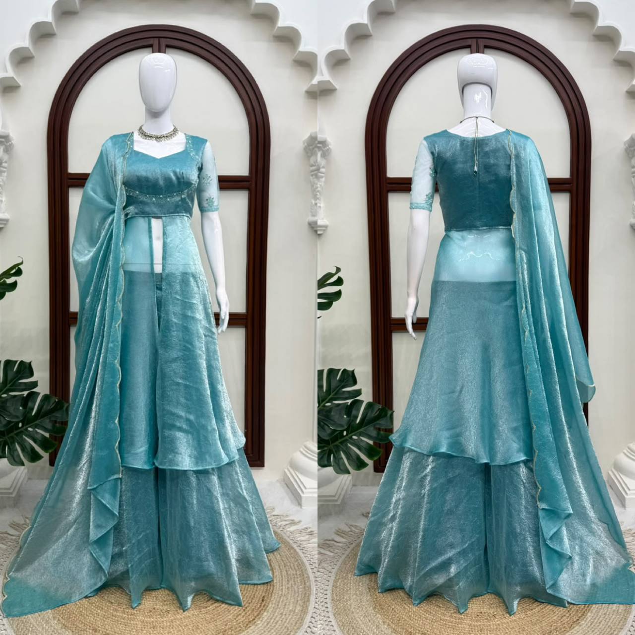 Fendy Crush Hand Work Anarkali Suit Set with Plazo and Cutwork Dupatta