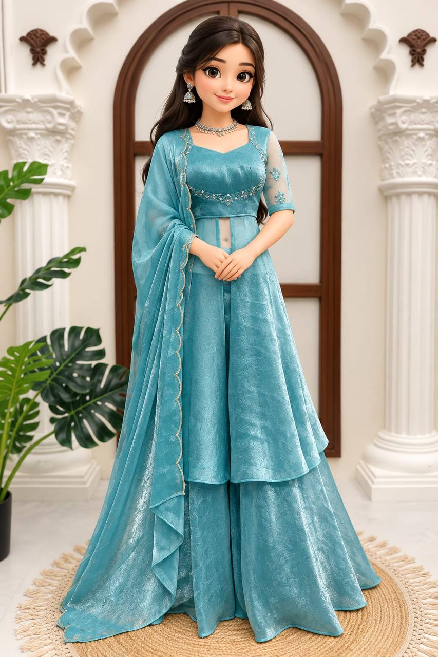 Fendy Crush Hand Work Anarkali Suit Set with Plazo and Cutwork Dupatta