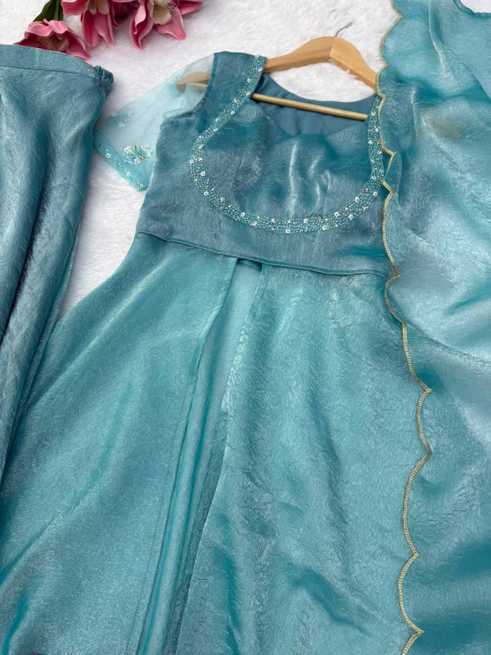 Fendy Crush Hand Work Anarkali Suit Set with Plazo and Cutwork Dupatta