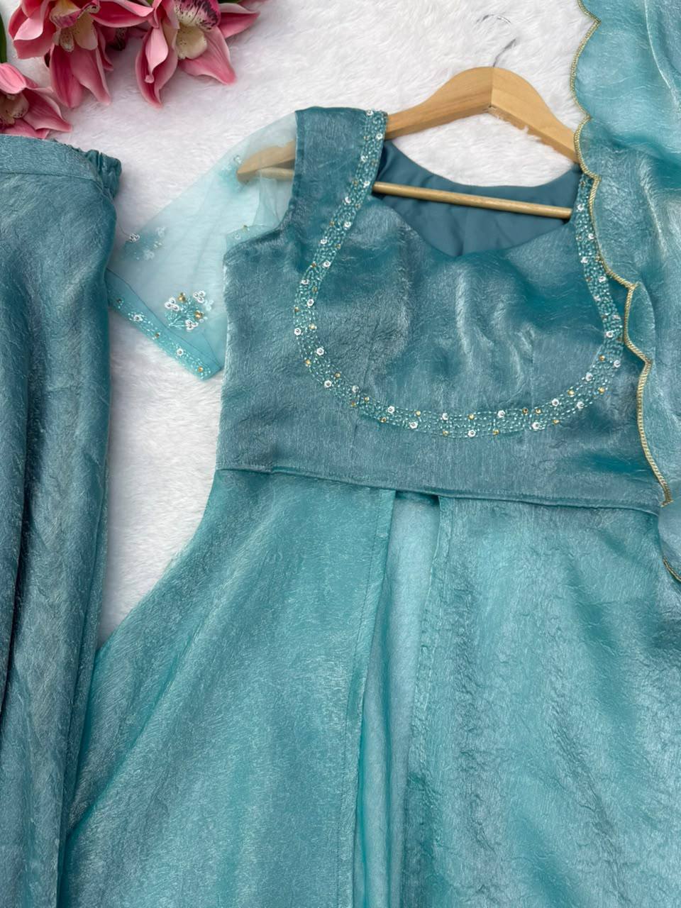 Fendy Crush Hand Work Anarkali Suit Set with Plazo and Cutwork Dupatta